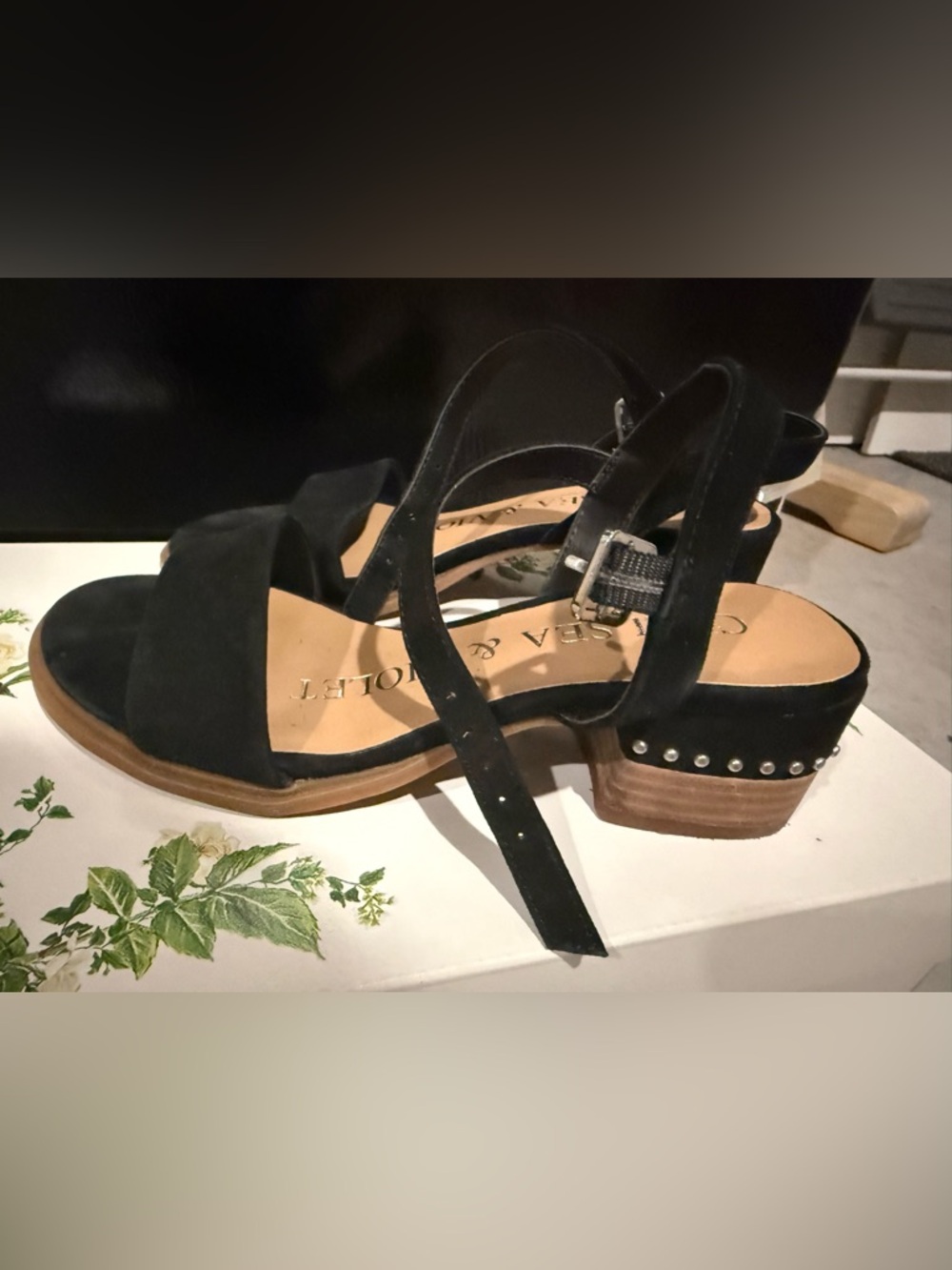 Chelsea & Violet Black Suede Ankle-Strap Stud Block Heel Sandals